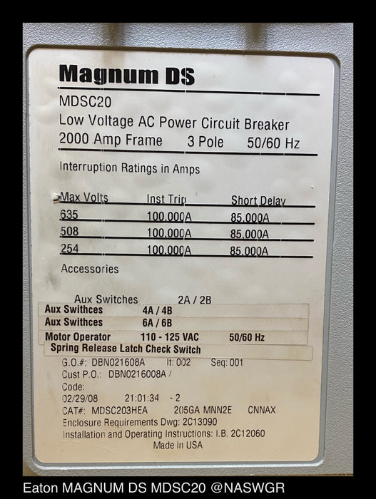 Eaton Magnum DS MDSC20 Circuit Breaker (E/O,B/I) - 2000 Amp