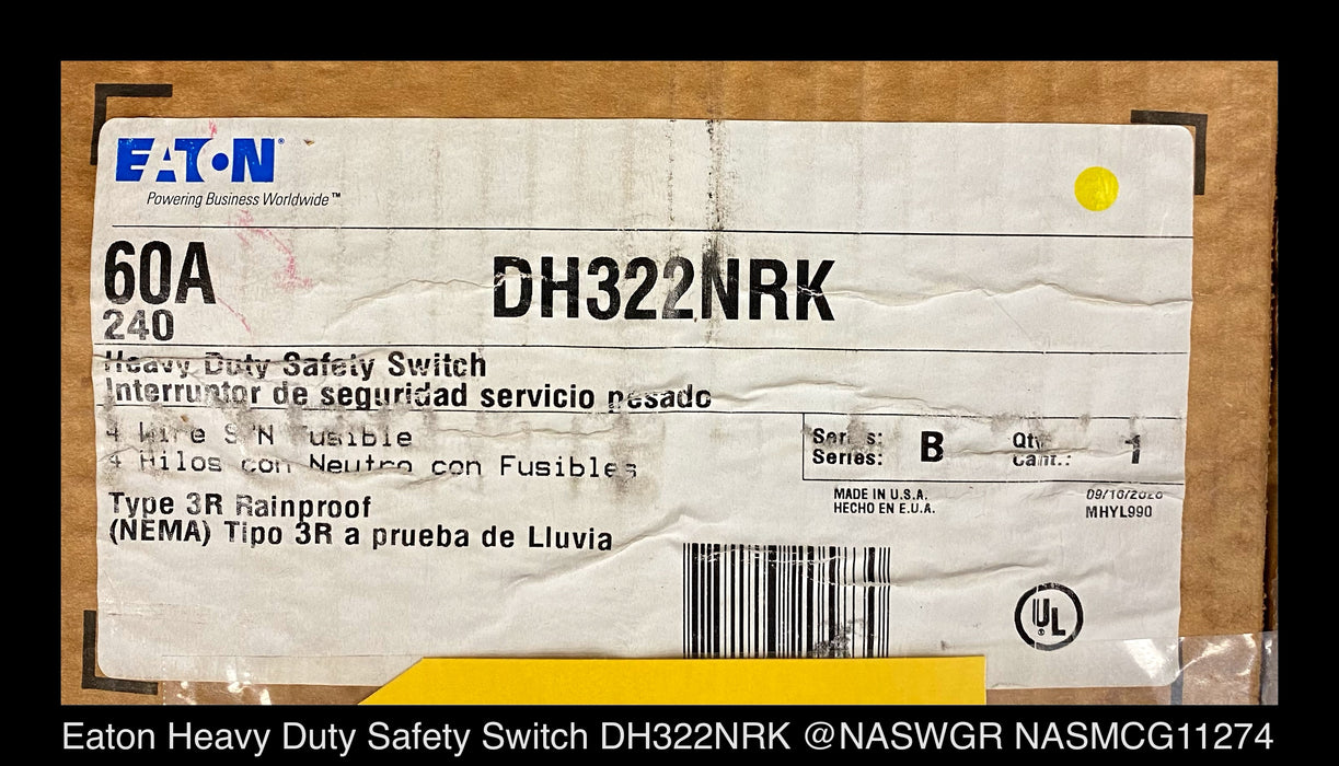 Eaton DH322NRK Heavy Duty Safety Switch - 60A/240V/3P/N3R -  Unused