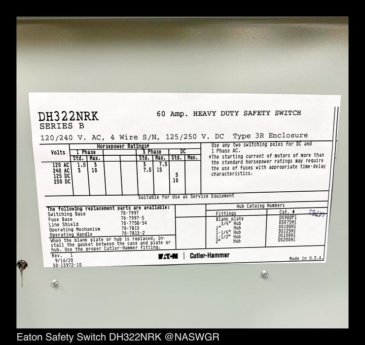 Eaton DH322NRK Heavy Duty Safety Switch - 60A/240V/3P/N3R -  Unused