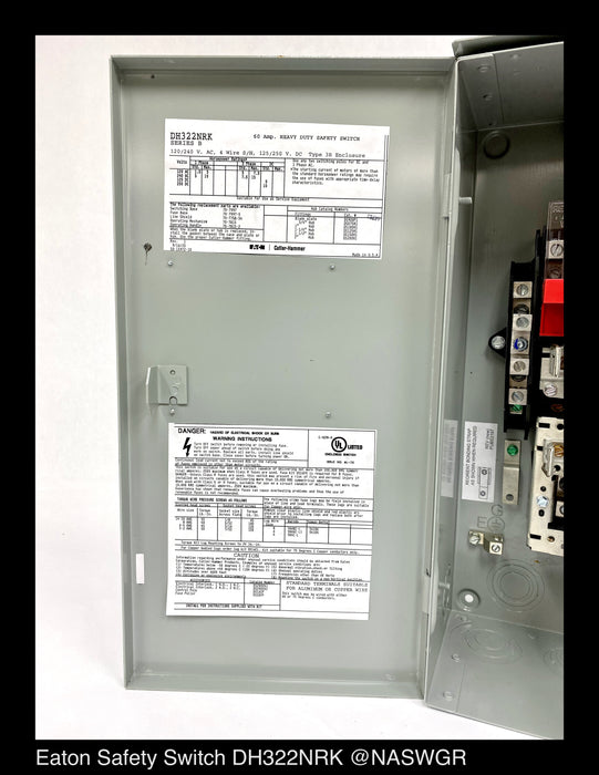 Eaton DH322NRK Heavy Duty Safety Switch - 60A/240V/3P/N3R -  Unused
