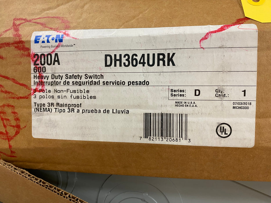 Eaton DH364URK Heavy Duty Safety Switch - 200A/600V/3P/N3R - Unused