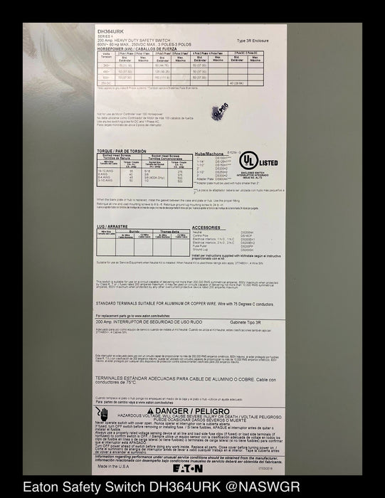 Eaton DH364URK Heavy Duty Safety Switch - 200A/600V/3P/N3R - Unused