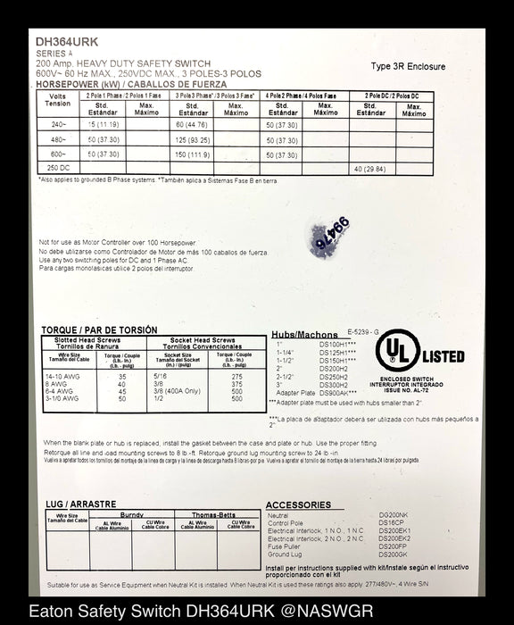 Eaton DH364URK Heavy Duty Safety Switch - 200A/600V/3P/N3R - Unused