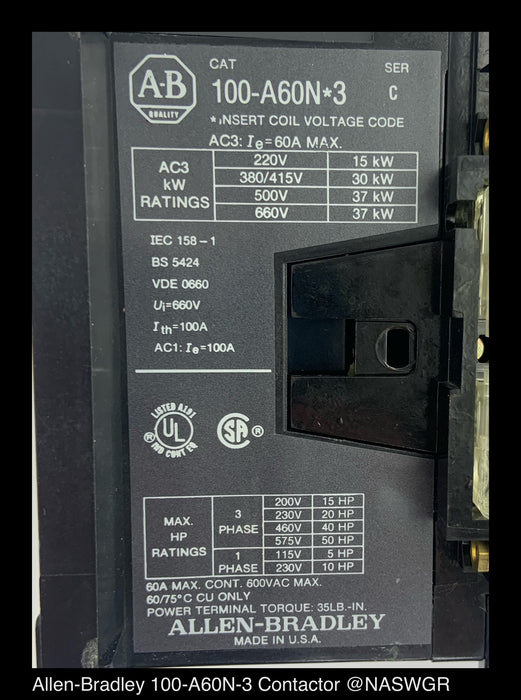 Allen-Bradley 100-A60N-3 Contactor ~ 60 Amp