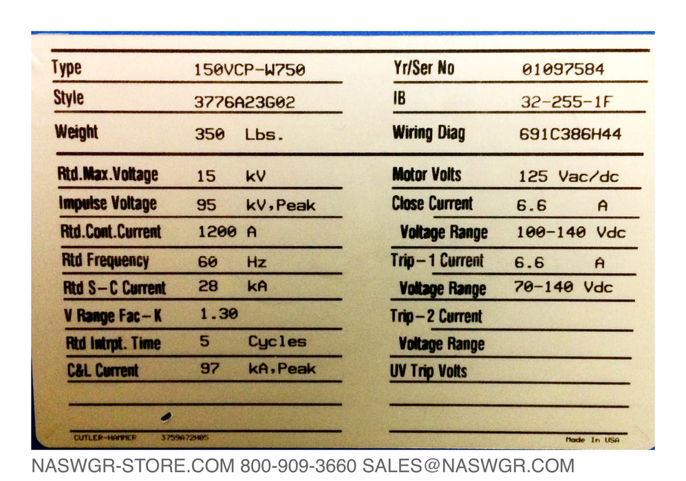 Westinghouse 150VCP-W750 Vacuum Circuit Breaker (E/O,D/O) - 1200 Amp
