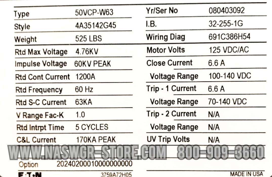 EATON 50VCP-W63 , Cutler-Hammer 50VCP-W63 1200 amp Vacuum Circuit Breaker