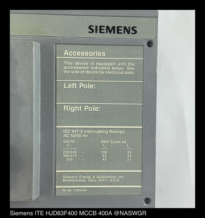 Siemens HJD63F400 Molded Case Circuit Breaker - 400 Amp