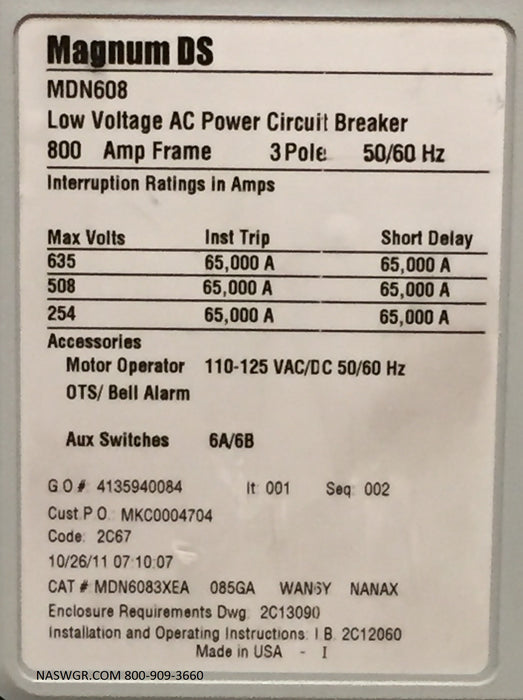 Eaton Magnum DS MDN608 Circuit Breaker (E/O,D/O) - 800 Amp