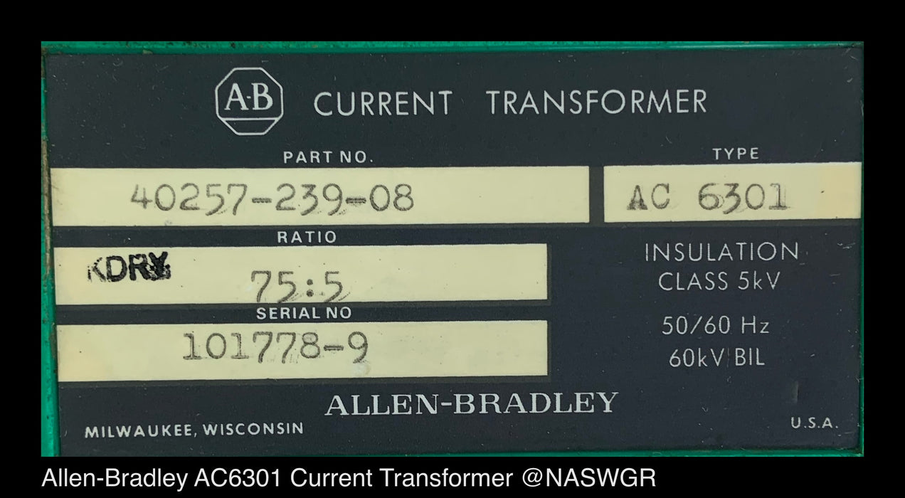 Allen-Bradley AC 6301 Current Transformer ~ 75:5