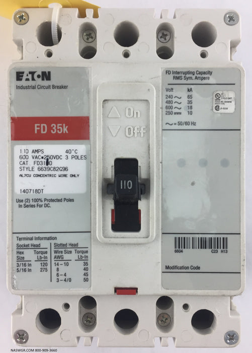 Eaton FD3110 Molded Case Circuit Breaker - 110 Amp