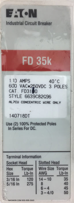 Eaton FD3110 Molded Case Circuit Breaker - 110 Amp