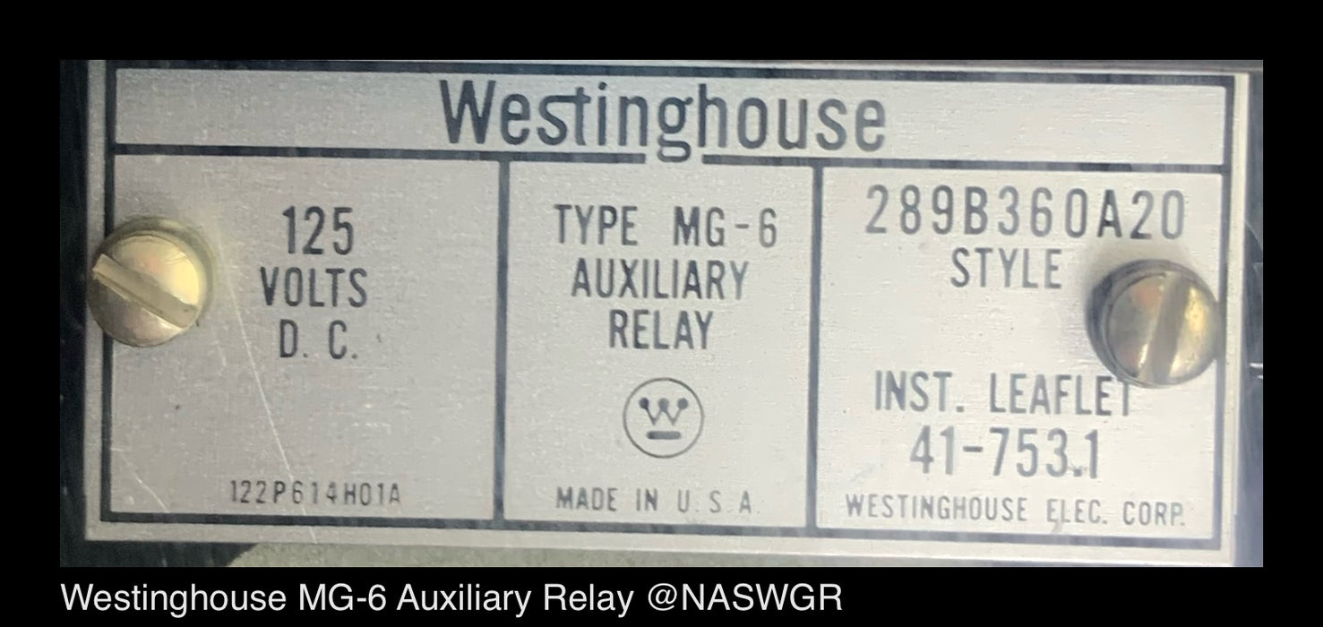 Westinghouse MG-6, 289B360A20 Auxiliary Relay - 125vDC