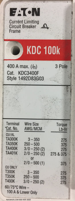 Eaton KDC3400F Molded Case Circuit Breaker ~ 400 Amp - Unused Surplus