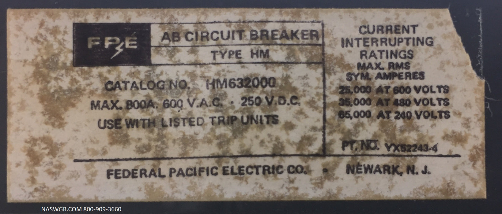 FPE HM632000 Circuit Breaker ~ 600 Amp Trip