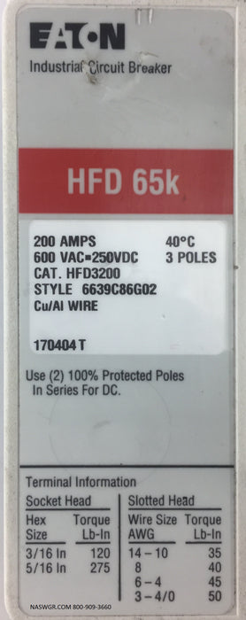 Eaton HFD3200 Molded Case Circuit Breaker ~ 200 Amp