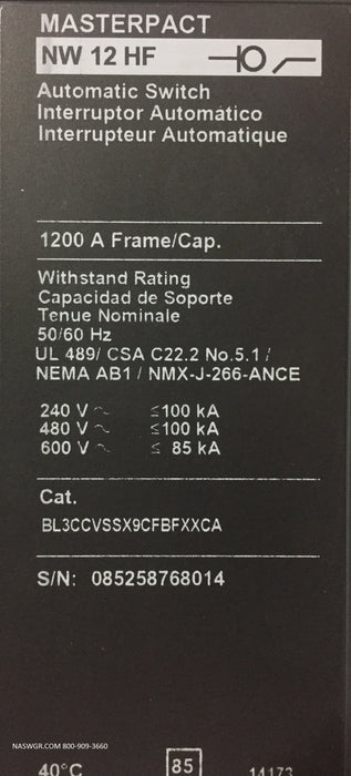 Square D MasterPact NW12HF Circuit Breaker ~ 1200 Amp