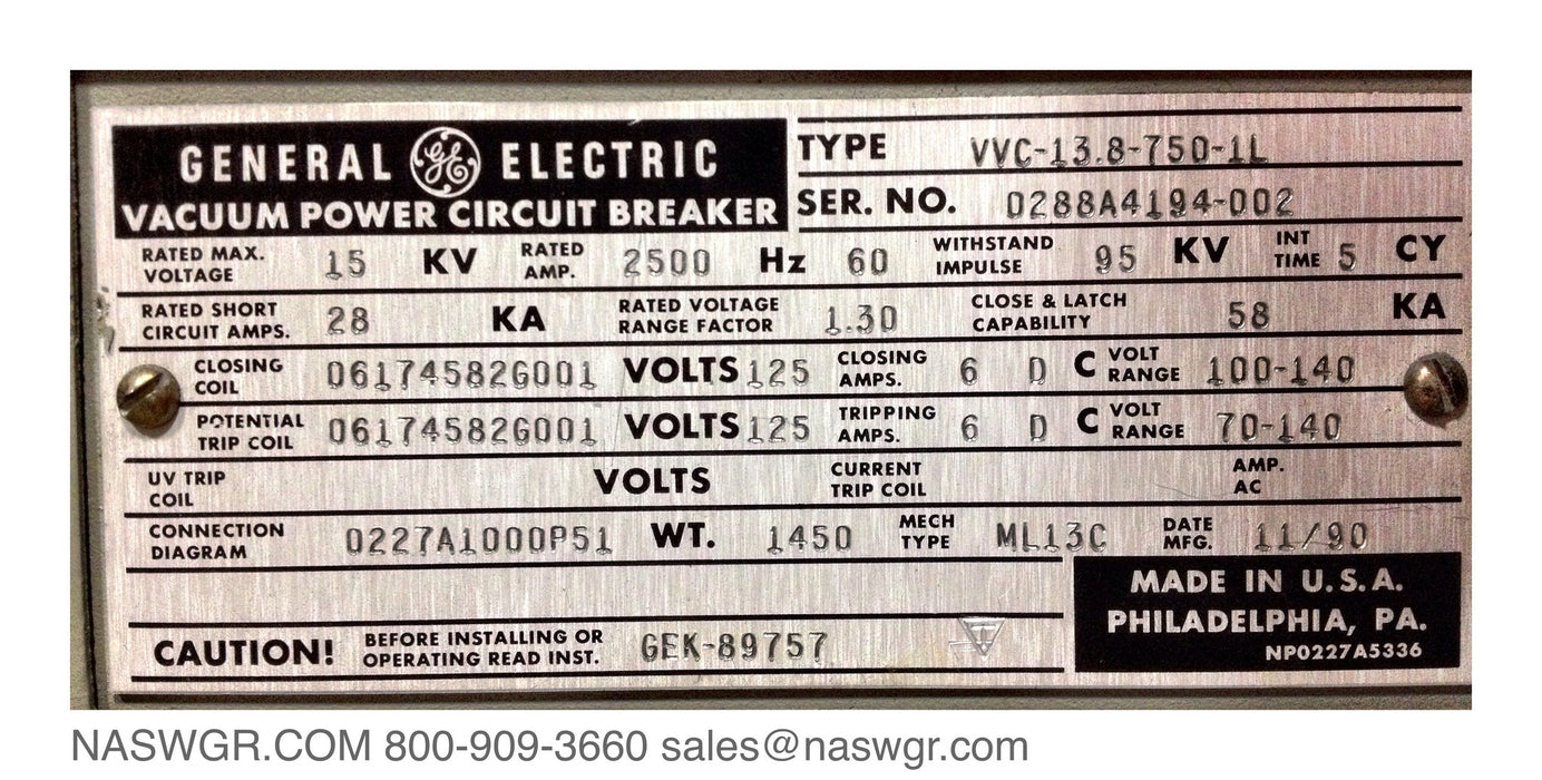 VVC-13.8-750-1L , GE VVC-13.8-750-1L Circuit Breaker , 2500 amp