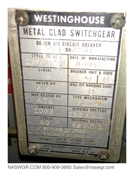 Westinghouse 50DH250E Circuit Breaker 2000 amp, Style 23Y8144B1