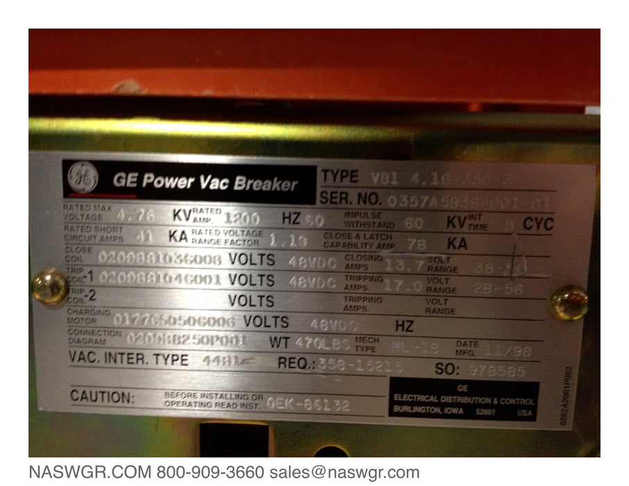 GE PowerVac VB1-4.16-350-3 Vacuum Circuit Breaker (E/O,D/O) - 1200 Amp