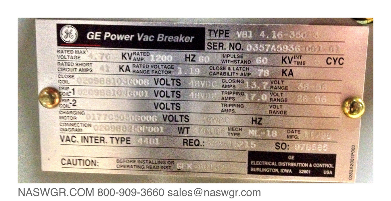 GE PowerVac VB1-4.16-350-3 Vacuum Circuit Breaker (E/O,D/O) - 1200 Amp