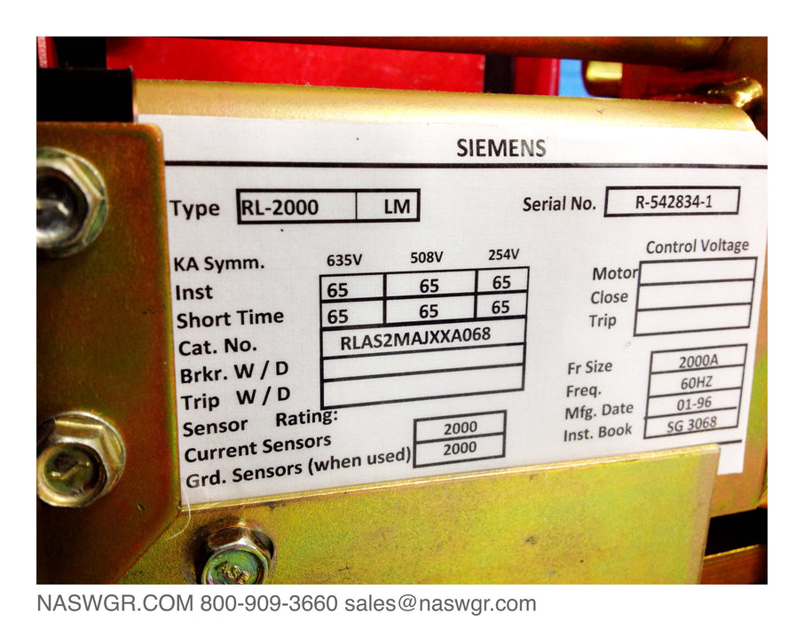 RL-2000 , SIEMENS RL-2000 Circuit Breaker , RLAS2MAJXXA068 , 2000 amp RL circuit breaker , MO/DO Class A Reconditoned with URC AC Pro