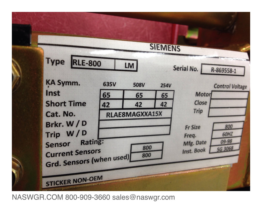 RLE-800 ~ SIEMENS RLE-800 Circuit Breaker 800 amp ~ RLAE8MAGXXA15X