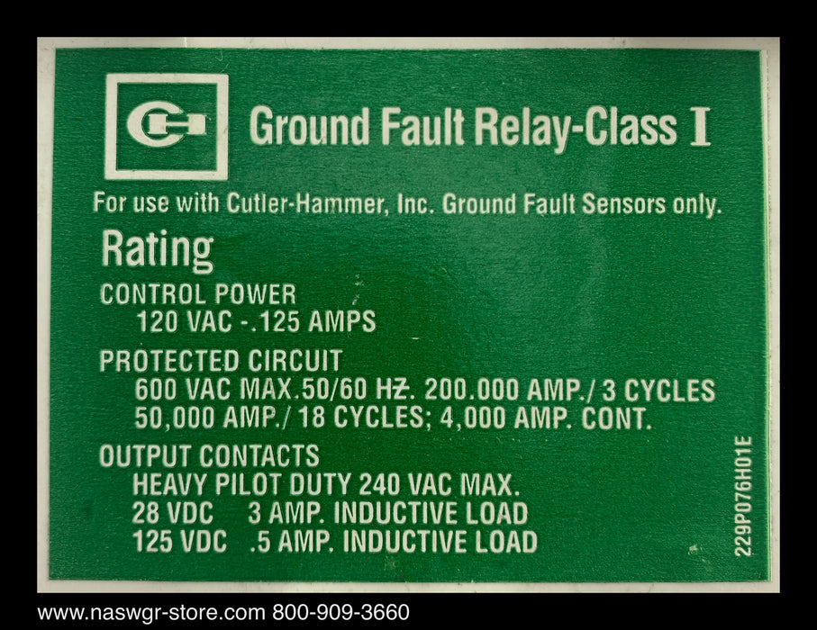 Cutler Hammer 1293C47G01 Ground Fault Relay