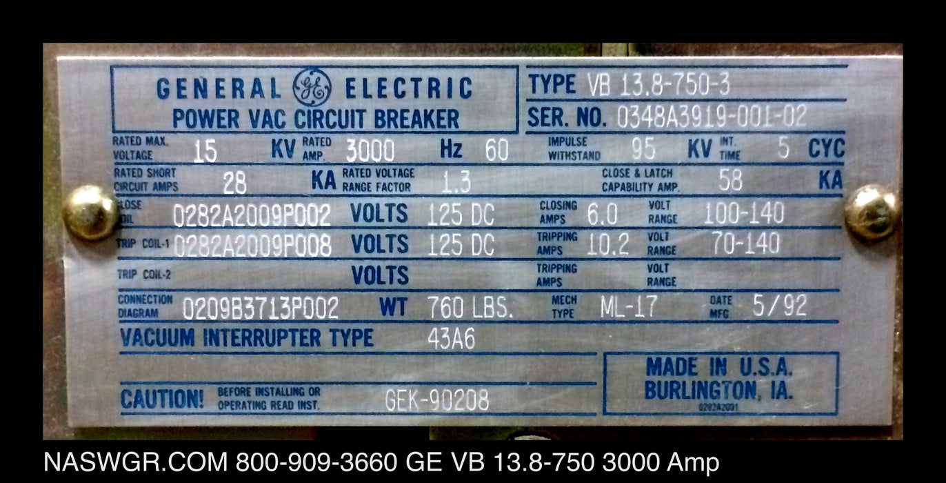 VB 13.8-750-3 ~ GE VB 13.8-750-3 Circuit Breaker 3000 Amp ~ ML-17