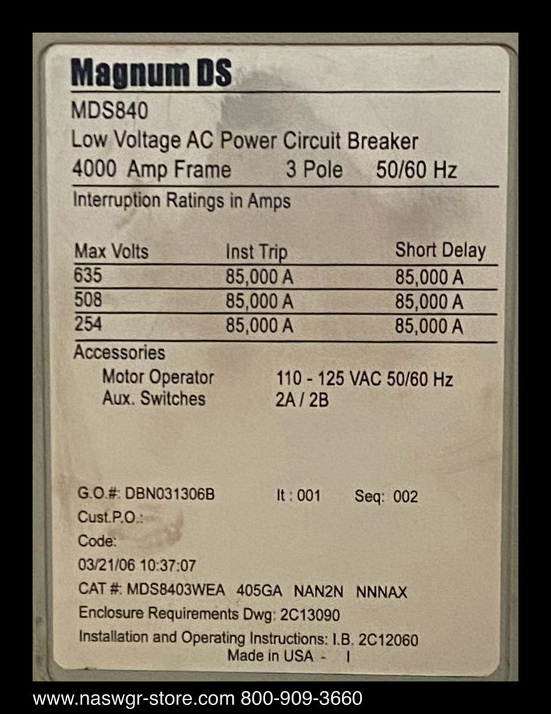 Eaton Magnum DS MDS840 Circuit Breaker (E/O,D/O) - 4000 Amp — North ...