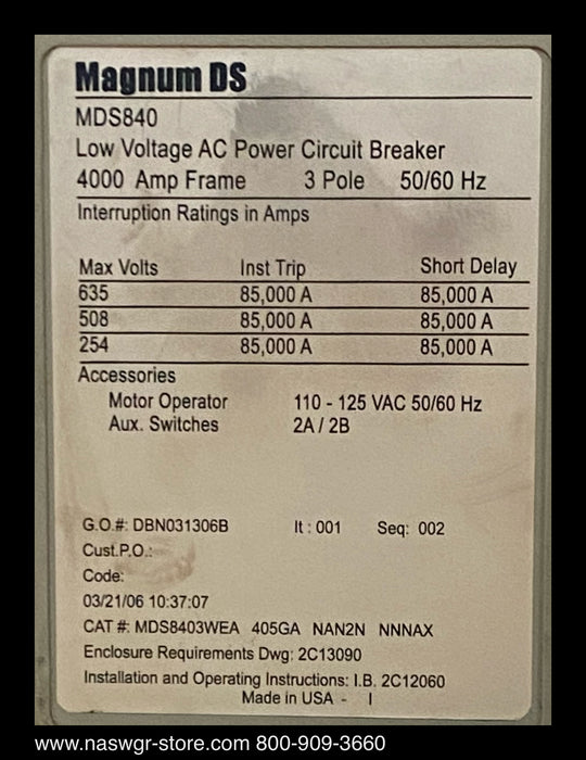 Eaton Magnum DS MDS840 Circuit Breaker (E/O,D/O) - 4000 Amp