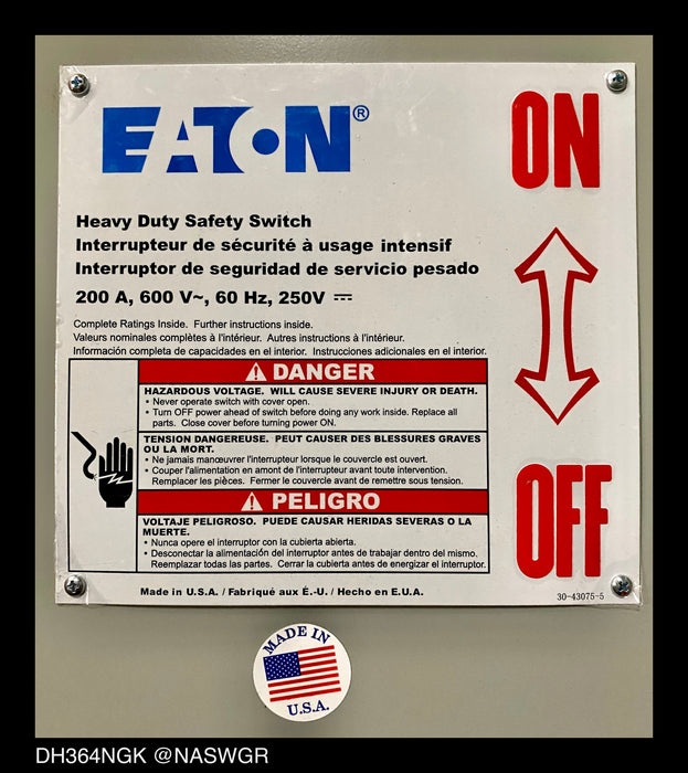 Eaton DH364NGK Heavy Duty Safety Switch - 200A/600V/3P4W/N1 - Unused