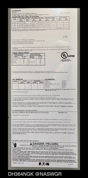 Eaton DH364NGK Heavy Duty Safety Switch - 200A/600V/3P4W/N1 - Unused