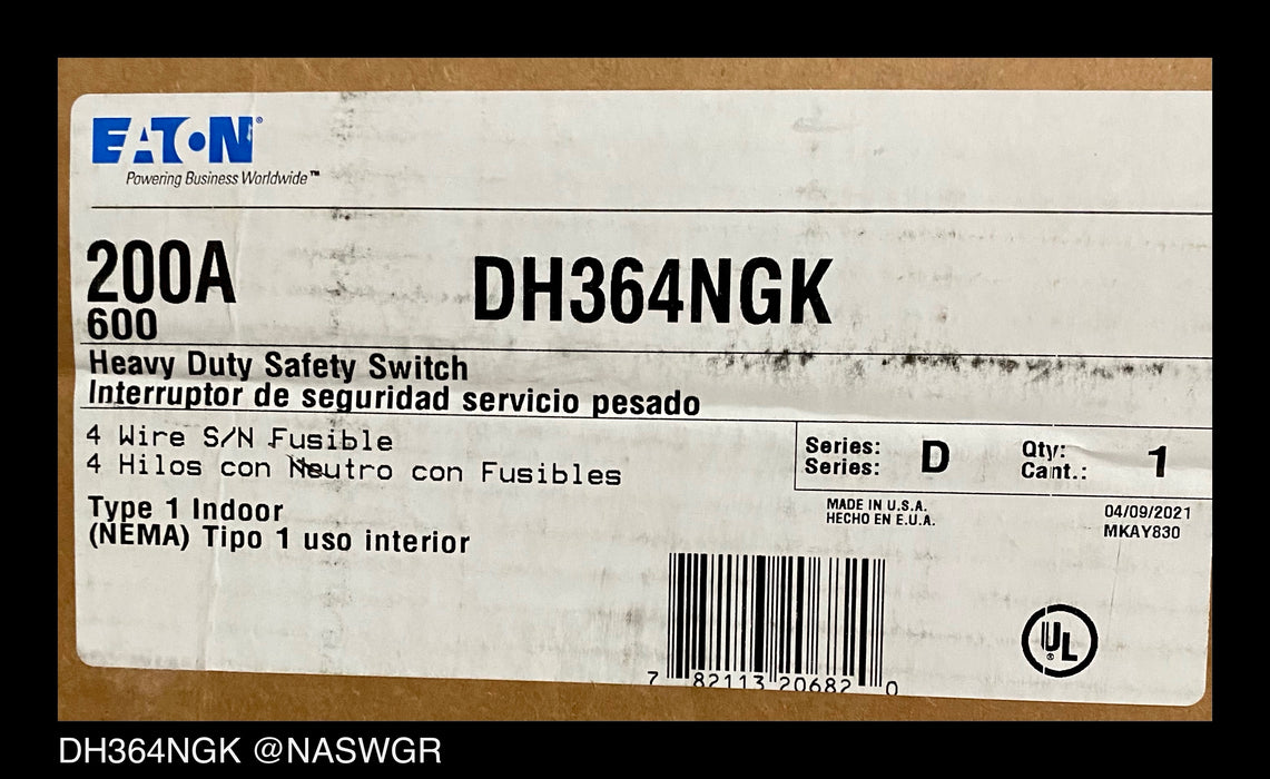 Eaton DH364NGK Heavy Duty Safety Switch - 200A/600V/3P4W/N1 - Unused