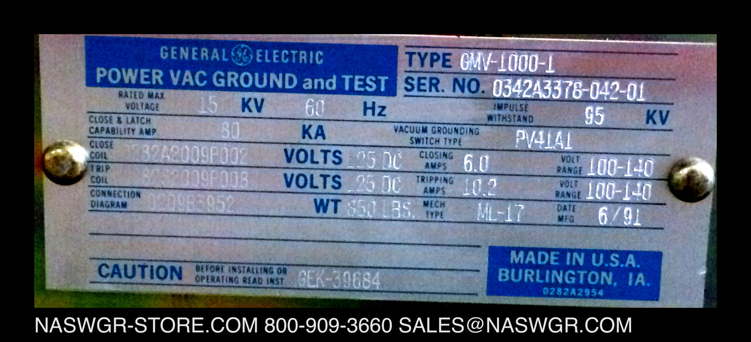 GMV-1000 ~ GE GMV-1000-1 Ground & Test Device ~ GMV-1000 Power Vac Ground and Test ~ PV41A1