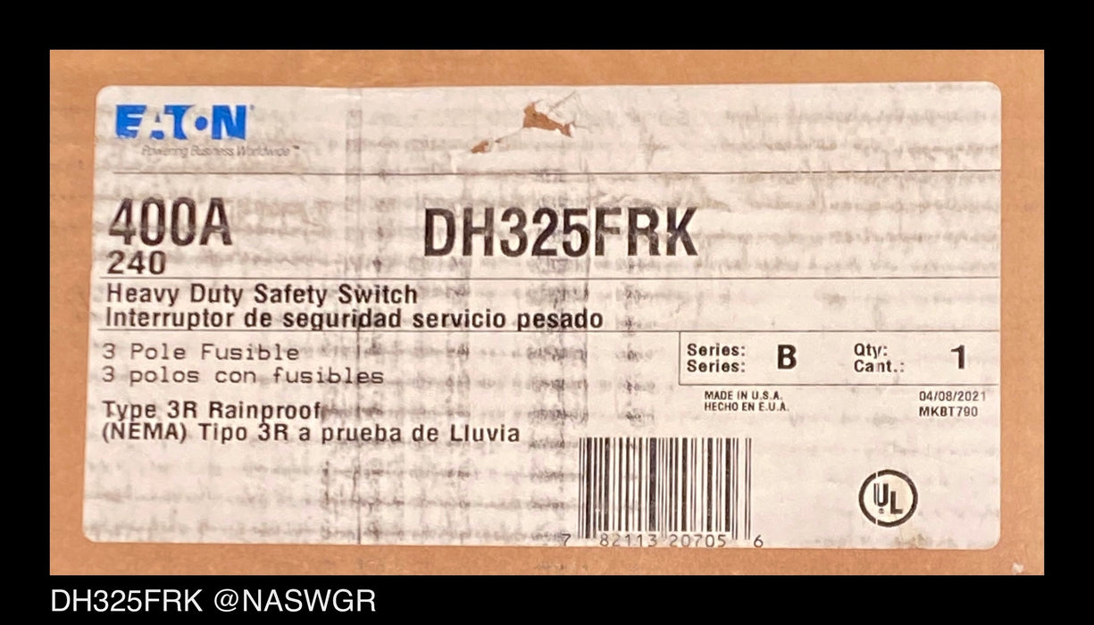 Eaton DH325FRK Heavy Duty Safety Switch - 400 Amp - Unused