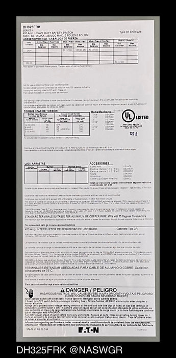 Eaton DH325FRK Heavy Duty Safety Switch - 400 Amp - Unused
