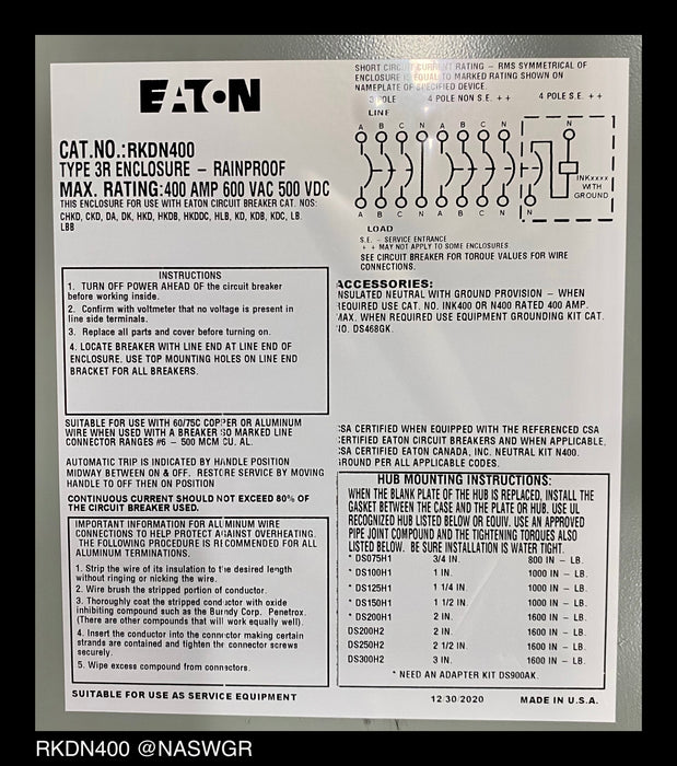 Eaton RKDN400 Circuit Breaker Enclosure - 400 Amp - Unused