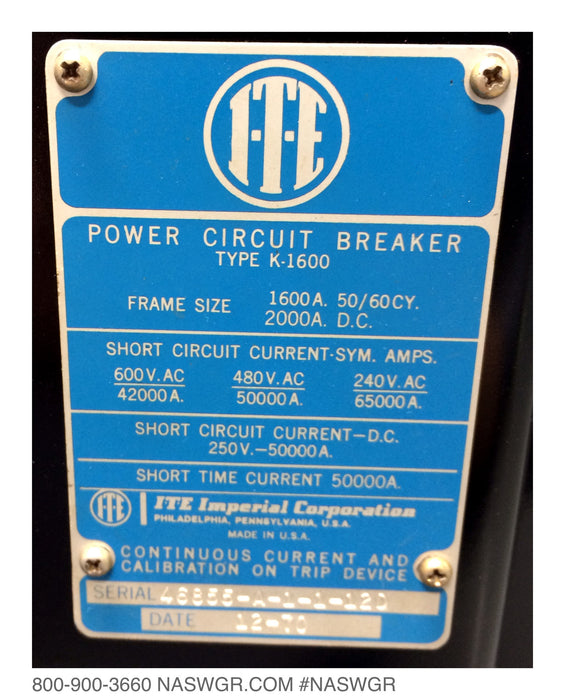 K-1600 ~ ITE K-1600 Circuit Breaker ~ ABB K-1600 Air Framed Power Circuit Breaker