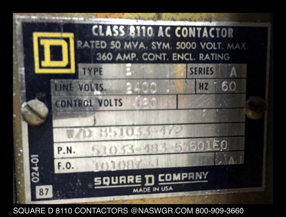 8110 TYPE E SERIES A ~ Square D 8110 Contactor 360 Amp ~ 51033-483-55501EO