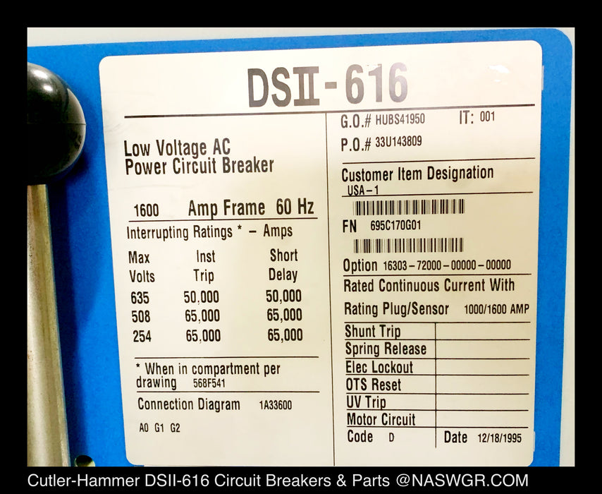 Cutler Hammer DSII-616 Circuit Breaker (M/O,D/O) - 1600 Amp
