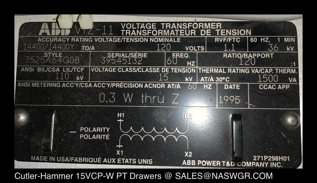 Westinghouse VCP-W VT / PT Drawer with ABB VIZ-11 7525A71G10 — North ...