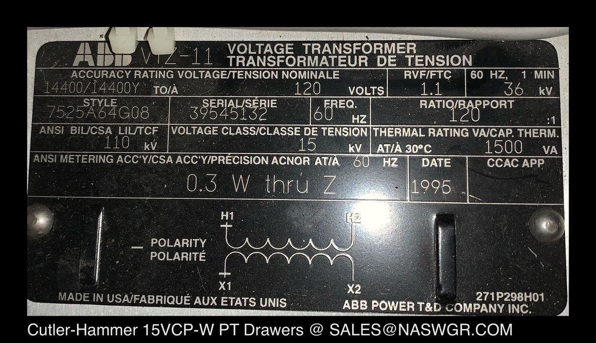Westinghouse VCP-W VT / PT Drawer with ABB VIZ-11 7525A71G10