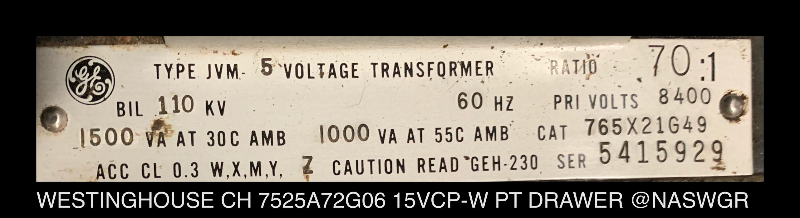 Westinghouse VCP-W PT / VT Drawer with GE JVM-5 7525A72G06