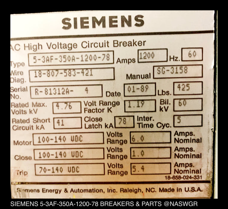 Siemens 5-3AF-350A-1200-78 AC High Voltage Circuit Breaker