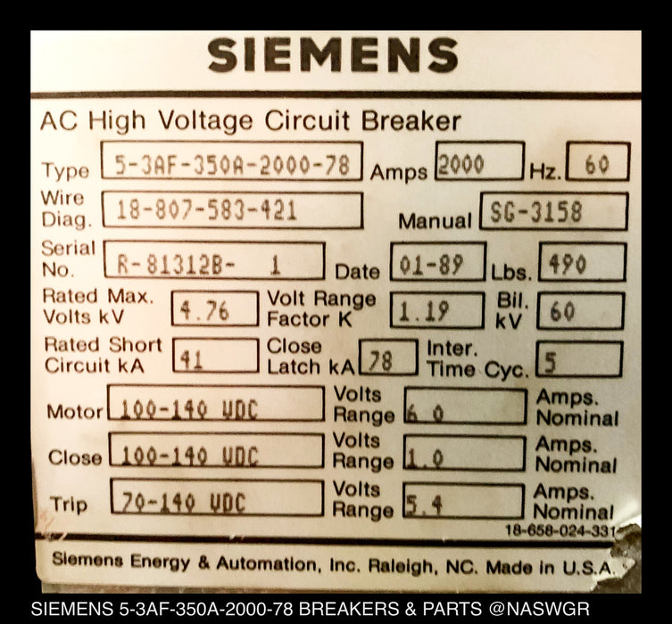 Siemens 5-3AF-350A-2000-78 AC High Voltage Circuit Breaker