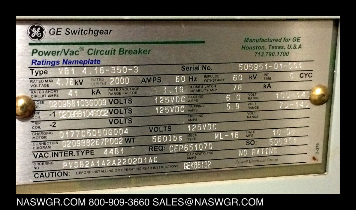 VB1 4.16-350-3 ~ GE VB1 4.16-350-3 Circuit Breaker ~ 2000 Amp GE PowerVac