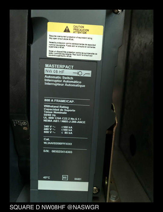 Square D MasterPact NW08HF Circuit Breaker ~ 800 amp