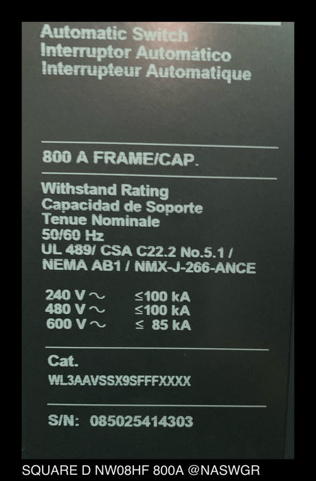 Square D MasterPact NW08HF Circuit Breaker - 800 amp