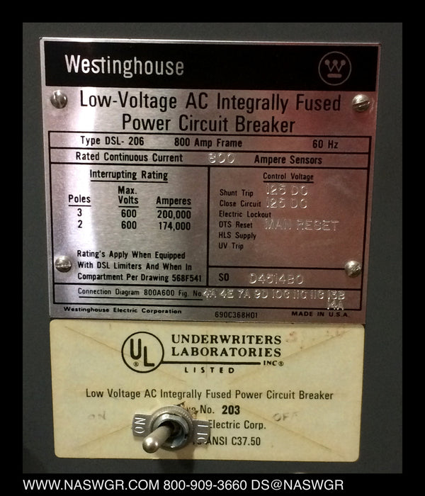 Westinghouse DSL-206 Circuit Breaker. E/O D/O 800A Frame