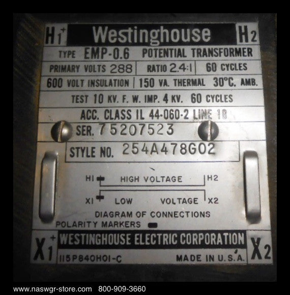 254A478G02 ~ Westinghouse 254A478G02 EMP-0.6 Potential Transformer